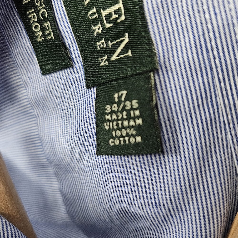 Lauren Ralph Lauren Men's Light Blue Striped Button Down Shirt Size 17 34/35 XL - Picture 5 of 9